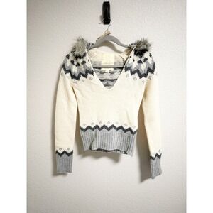 Hollister 1922 Y2K Fair Isle Hooded Sweater Faux Fur Trim‎ V Neck Cream Gray S